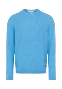 Lyseblå rundhalset sweater med en struktureret strik, lange ærmer samt ribkant ved bund og ærmer. Casual og simpelt design.