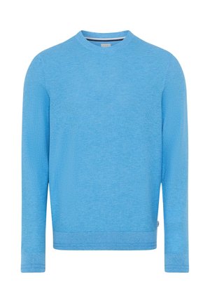 Pull bleu clair à col rond avec un motif en maille texturée, manches longues, ourlet et poignets côtelés. Design décontracté et simple.