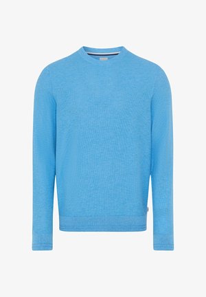 Pull bleu clair à col rond avec un motif en maille texturée, manches longues, ourlet et poignets côtelés. Design décontracté et simple.
