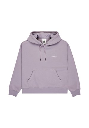 Fioletowa bluza z kapturem wykonana z miękkiego materiału. Posiada przednią kieszeń typu kangaroo, sznureczki do regulacji oraz logo na piersi. Rybkowane mankiety i dół.