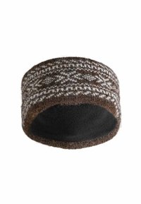 Bandeau tricoté en marron et blanc, avec un extérieur à motif et une doublure en polaire noire pour la chaleur et le confort.