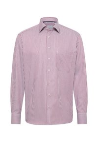 Rood-wit gestreept shirt met lange mouwen, een button-down kraag, borstzak en witte knopen; gemaakt van een lichtgewicht stof.