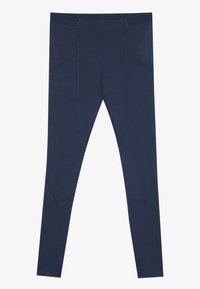 Sötétkék leggings rugalmas anyagból, sima tapintással, varrat részletezéssel és testhez simuló dizájnnal, dupla oldalsó zsebbel.