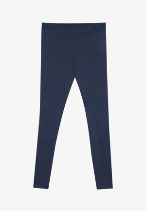 Navy Leggings aus dehnbarem Stoff, mit glatter Textur, Nahtdetails und einem taillierten Schnitt sowie zwei seitlichen Taschen.