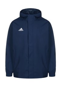Veste à capuche Adidas bleu marine avec fermeture éclair à l’avant et poignets élastiques, avec logo blanc Adidas sur la poitrine gauche.