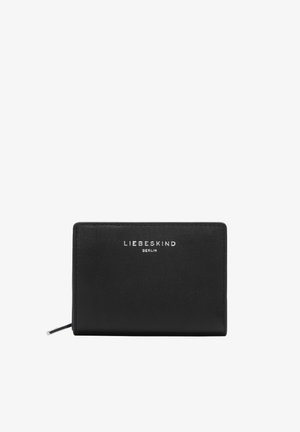 Portefeuille en cuir noir avec une fermeture éclair argentée et le logo "LIEBESKIND BERLIN" centré sur le devant.