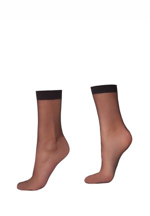 Svarta genomskinliga ankelsockor med en slät textur, med en solid mörk rem upptill och en genomskinlig kropp som visar hudtoner.