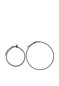 To svartmetallkjede med kjede. Det ene har et delikat rundt design, mens det andre er i en tykkere, vridd kjede stil.