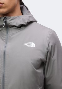 Gros plan d'une personne portant une veste zippée grise à capuche avec un logo blanc The North Face sur la poitrine.