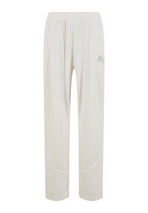 Light beige sweatpants made of soft fabric, featuring an elastic waistband, side panel accents, and a small logo detail on the thigh.