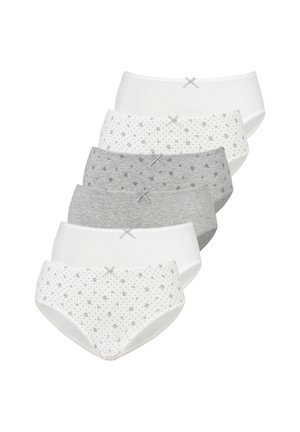Six women's cotton briefs in white, grey, and floral patterns, each with a small bow on the waistband, arranged in a layered stack.