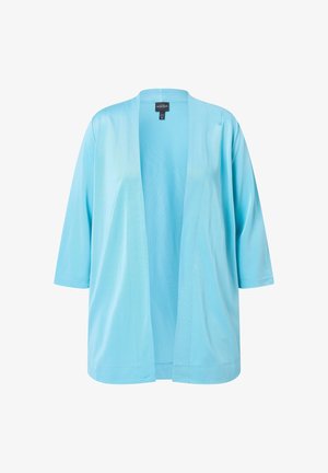 Lyseblå cardigan med åben front, trekvartlange ærmer og en afslappet pasform, lavet af glat stof.
