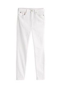 Hvite denimjeans med rett passform, utstyrt med fem lommer, metallknappstenging og subtilt merkeakent på frontlommen.