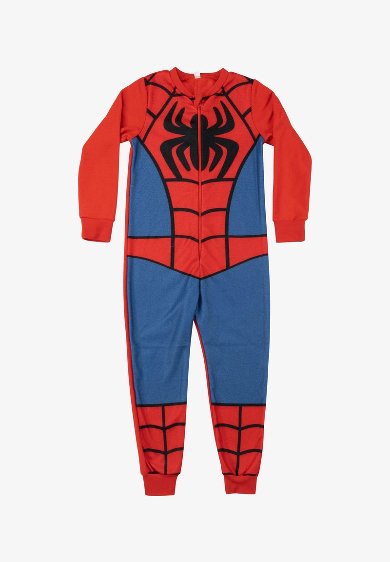Completo tuta a tema Spider-Man in rosso e blu, con chiusura con zip, maniche lunghe e grafica nera di un ragno sul petto, realizzato in tessuto morbido.