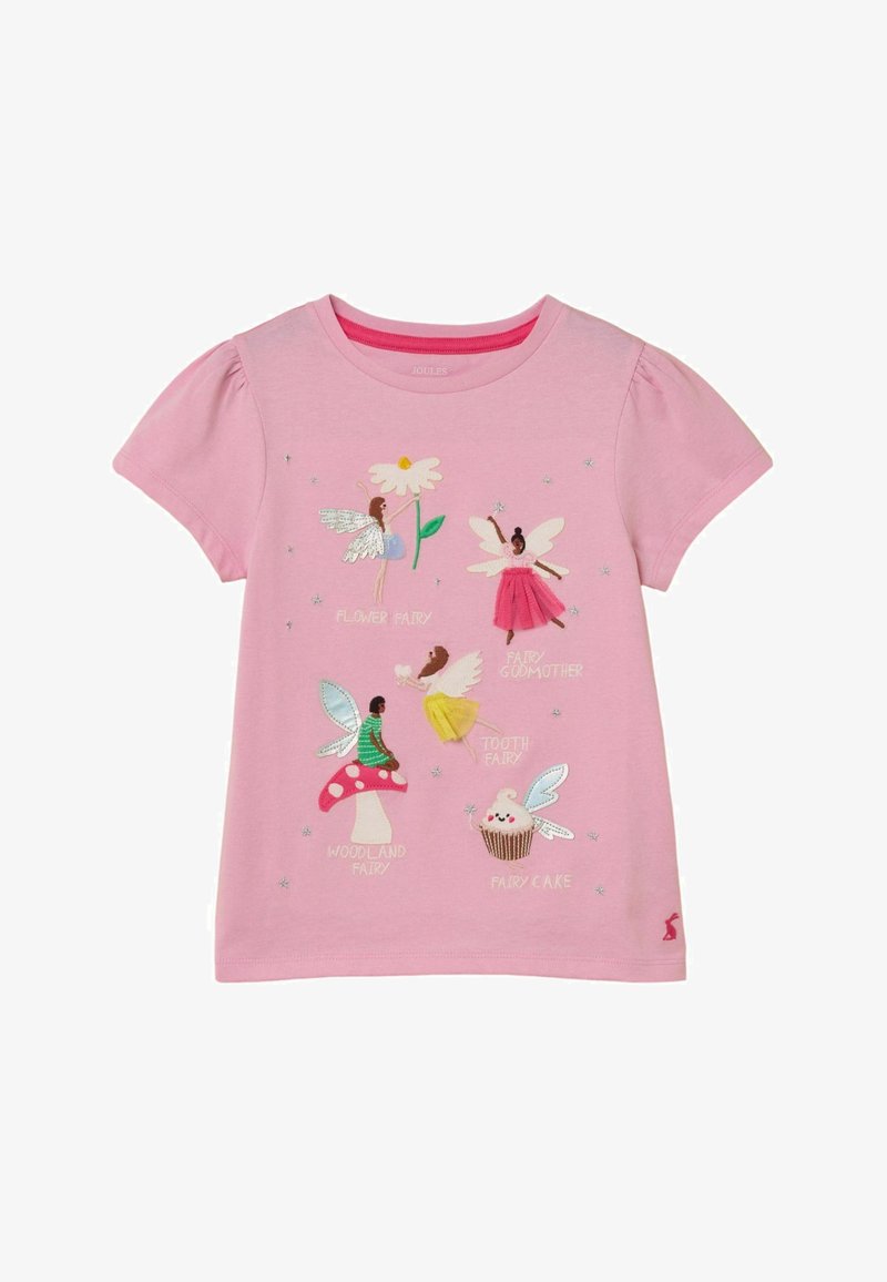 Chemise rose à manches courtes avec broderies de fées étiquetées Fée des Fleurs, Marraine la Fée, Fée des Bois, Fée des Dents et Gâteau de Fée sur le devant.