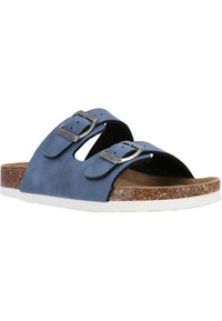 Blaue Wildledersandalen mit zwei verstellbaren silbernen Schnallen. Korkfußbett und weiße Gummisohle, offenes Zehendesign, strukturierte Oberfläche.