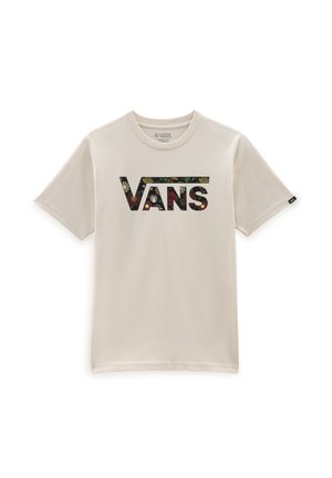 T-shirt beige à manches courtes avec un grand logo Vans sur la poitrine, présentant un motif floral coloré à l'intérieur des lettres.