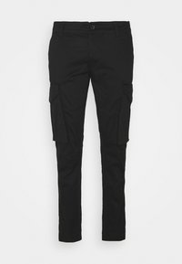 Zwarte cargo broek met een slim fit, voorzien van meerdere zijzakken, een knoopsluiting en een gladde, duurzame stofstructuur.