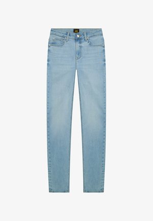 Lichtblauwe skinny jeans met vijf zakken, knoopsluiting en Lee-merklabel op de tailleband tegen een witte achtergrond.