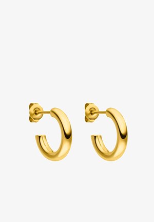 Gold hoop earrings with a smooth, rounded design. The hoops are polished and feature a secured post-back closure.
