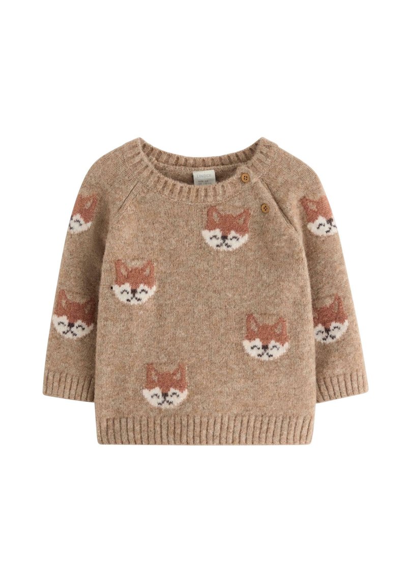 Maglione lavorato a maglia color nocciola con volti di volpe ripetuti in arancione e bianco. Collo rotondo, polsini e orlo a coste. Due bottoni in legno sulla spalla.