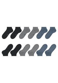 Sześć par skarpetek do kostek w kolorach czarnym, szarym i niebieskim, ułożonych w dwóch rzędach, ukazujących obie strony każdej pary.