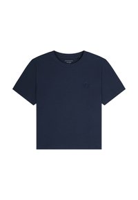 Dunkelblaues Baumwoll-T-Shirt mit Rundhalsausschnitt, kurzen Ärmeln und gesticktem Logo-Detail auf der linken Brust. Glatte Textur, klassischer Schnitt.