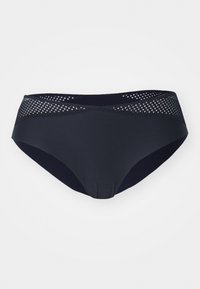 Dark navy bikini bottom with a smooth texture, featuring a mesh design along the waistband for added detail and breathability.