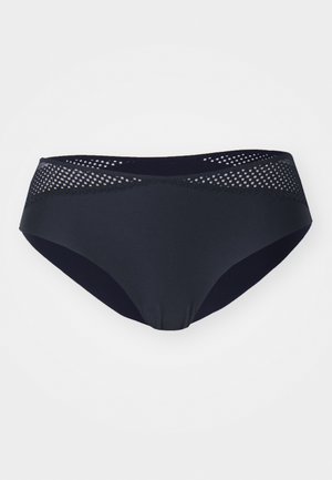 Donkerblauwe bikini onderkant met een gladde textuur, voorzien van een gaasontwerp langs de tailleband voor extra detail en ademend vermogen.