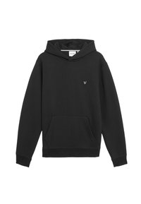 Sort hoodie lavet af blødt stof, med en kengurulomme, ribbede manchetter og et lille broderet logo på brystet.