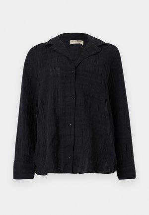Black long-sleeve textured button-up shirt with collar and single chest pocket, shown front-facing on a plain background.