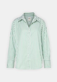 Grün-weiß gestreifte Bluse mit einem Kragen, Knopfleiste und langen Ärmeln. Besitzt breitere Streifen an den Manschetten für einen Kontrast.