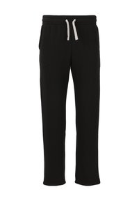 Zwarte sportbroek gemaakt van een zachte stof, met een elastische tailleband met een trekkoord, twee zijzakken en een rechte pijpdesign.
