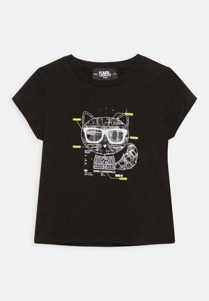 Czarny dziecięcy T-shirt z krótkim rękawem z białym i żółtym technicznym rysunkiem kota w okularach przeciwsłonecznych i logo Karl Lagerfeld.