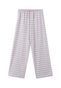 Pantalon large violet clair avec des rayures blanches horizontales et une taille élastique avec un cordon à l'avant.