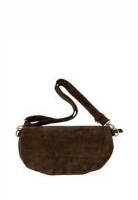 Borsa in suede marrone dalla forma arrotondata, con tracolla regolabile e dettagli in metallo. Texture morbida senza motivi visibili.