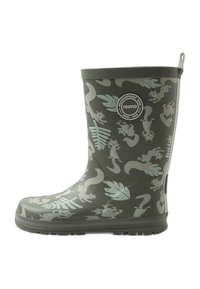 Botte de pluie en caoutchouc vert avec une finition mate, ornée d'un motif d'écureuils et de feuilles dans des teintes plus claires. Comprend un logo et un bord supérieur texturé.