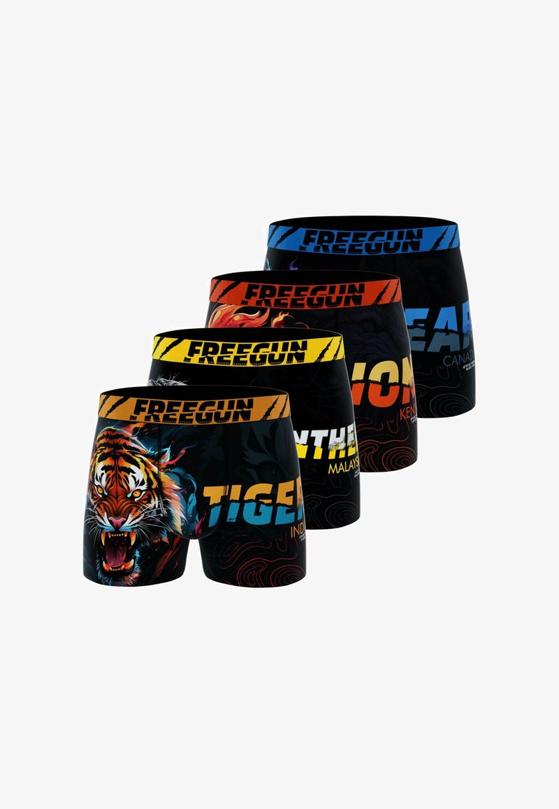 Quatre paires de boxers noirs avec des ceintures colorées et des motifs d'animaux : tigre, panthère, lion et ours, disposées en rangée.