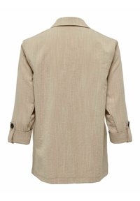 Beige, geweven jack met een kraag, driekwartmouwen en met knopen sluitende manchetten. Eenvoudig, recht gesneden ontwerp.