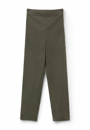 Pantalon slim fit vert olive avec taille élastique et jambes droites, en tissu léger texturé.