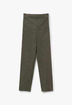 Olivově zelené úzké kalhoty s elastickým pasem a rovnými nohavicemi, vyrobené z lehké tkané látky.