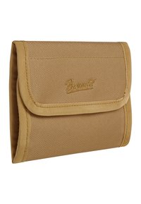 Beige stofflommebok med teksturert overflate, fold-over klaff og sømmer. Har brodert "Brandit"-logo på forsiden.