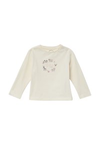 Lange mouwen crème T-shirt van katoen met een illustratie van een boerderij-dier en de tekst "WELKOM OP MIJN BOerderij," met drukknoopjes op de schouder.