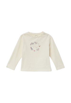 Langärmliges Creme-T-Shirt aus Baumwolle mit einer Illustration von Nutztiere und dem Text "WILLKOMMEN AUF MEINER FARM", mit Druckknöpfen an der Schulter.