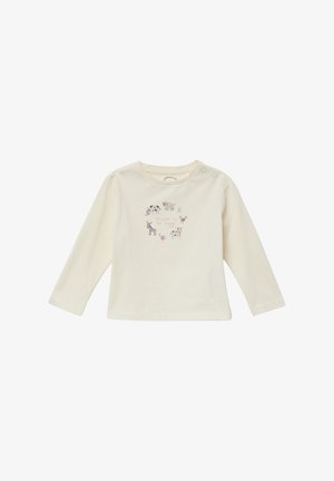 Langärmliges Creme-T-Shirt aus Baumwolle mit einer Illustration von Nutztiere und dem Text "WILLKOMMEN AUF MEINER FARM", mit Druckknöpfen an der Schulter.