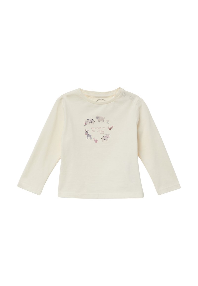 Lange mouwen crème T-shirt van katoen met een illustratie van een boerderij-dier en de tekst "WELKOM OP MIJN BOerderij," met drukknoopjes op de schouder.