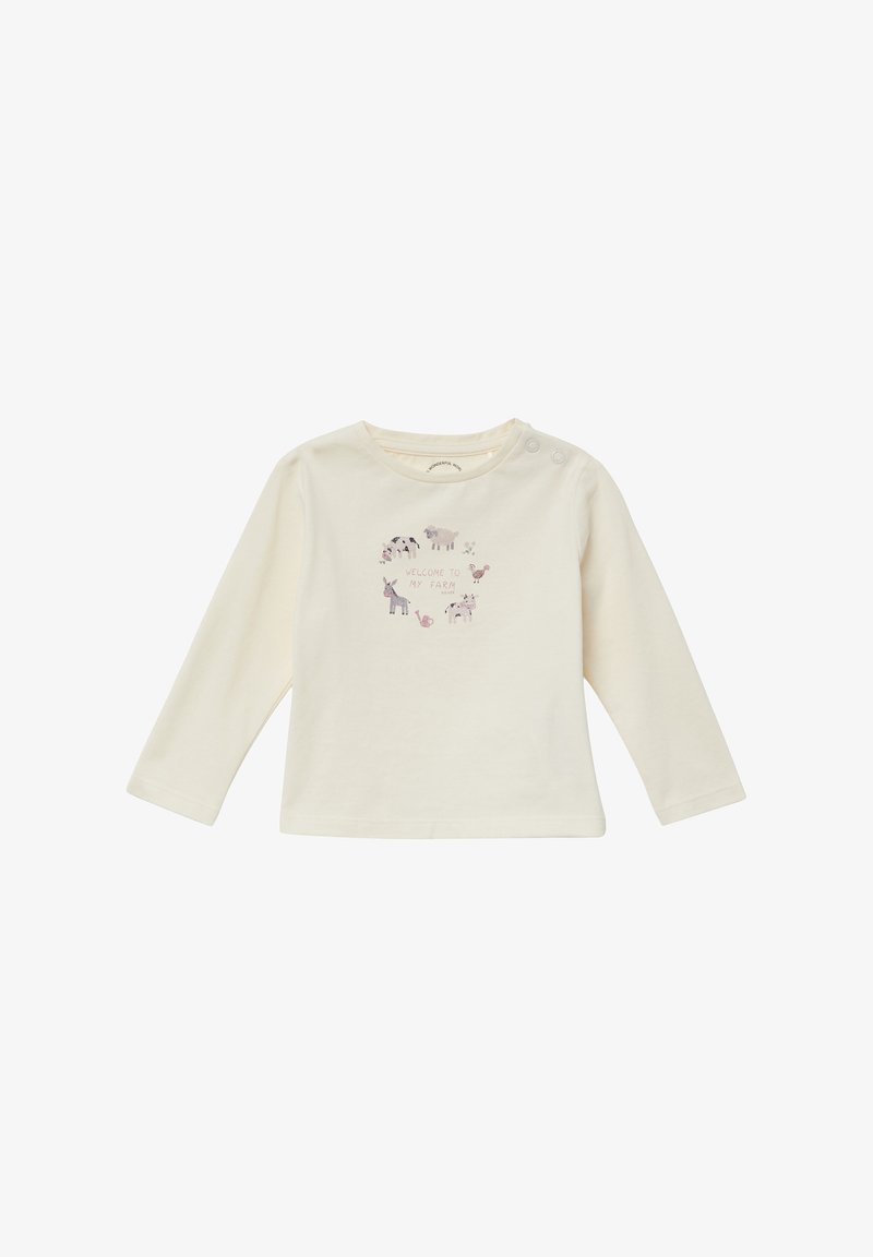 Long-sleeve cream T-shirt made of cotton featuring a farm animal illustration and the text "WELCOME TO MY FARM," with snap buttons on the shoulder.