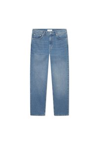 Light blue straight-leg jeans made of denim. Features include five pockets, a button closure, and subtle fading on the fabric.