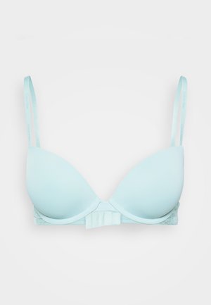 Hele sinine, polsterdatud rinnahoidja, millel on sügav kaelus, reguleeritavad rihmad ja pitsist ääris vööl. Tagumise külje haak.