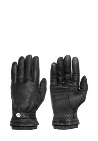 Sorte læderhandsker med en struktureret overflade, strømlinet design og forstærkede sømme. Har en sølvknapdetalje og ribbet manchet.